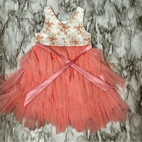 American Princess Pink Tulle Dress Sz 6 Floral Jacquard Jeweled Waist Fancy Gown - Picture 4 of 10